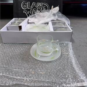 Glass Tea Cup and Saucer Set with Green Accents
